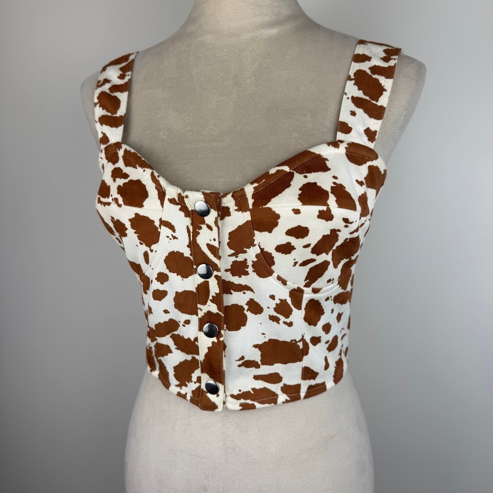 Altar'd State Brown Cow Print Corset Bustier Crop Top Snap Front Buttons Sz Med - Picture 2 of 8